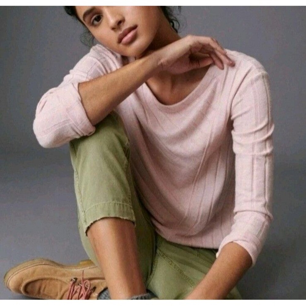 Anthropologie Maeve Long Sweater Sz L 3/4 Sleeve Blush Pink Cozy Soft Spring